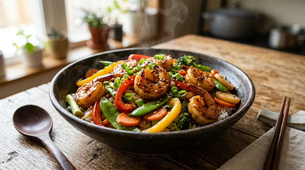 découvrez une recette simple et rapide de crevettes sautées façon teriyaki, pleine de saveurs asiatiques pour un repas délicieux et équilibré.