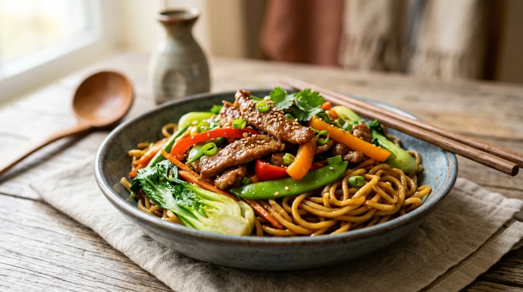 découvrez une recette savoureuse d'émincé de porc asiatique accompagné de légumes croquants et de nouilles, idéale pour un repas équilibré et plein de saveurs exotiques.